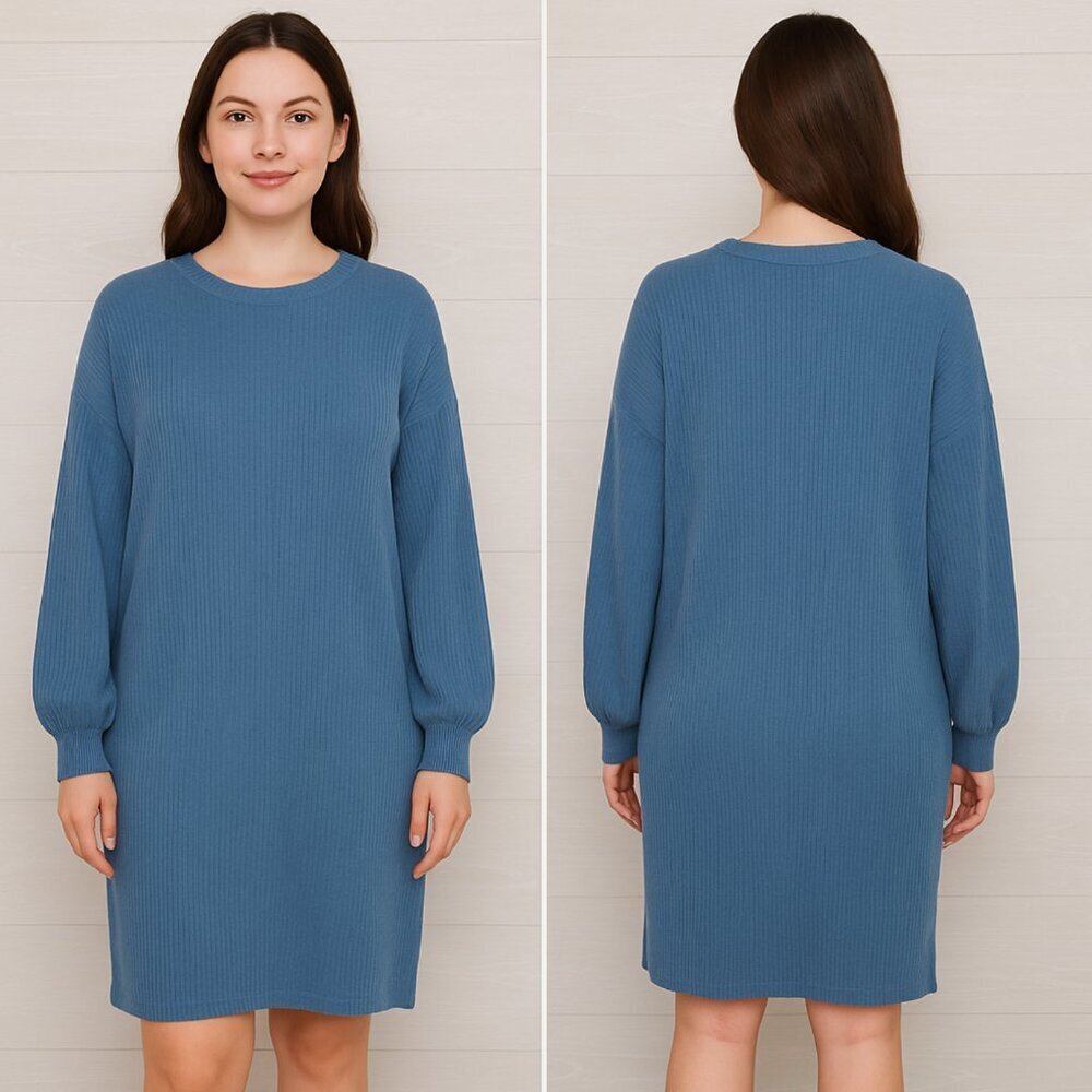 The Drop Women's Small Wool Blend Blue Ribbed Puff Sleeve Sweater Dress